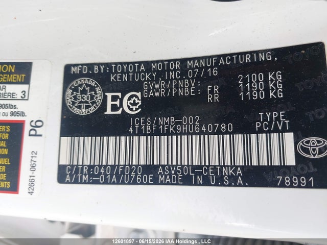 2017 Toyota Camry Le მანქანა იყიდება აუქციონზე, vin: 4T1BF1FK9HU640780, აუქციონის ნომერი: 12601897