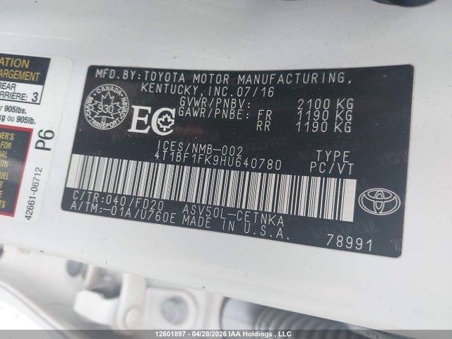 2017 Toyota Camry Le მანქანა იყიდება აუქციონზე, vin: 4T1BF1FK9HU640780, აუქციონის ნომერი: 12601897
