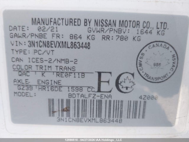 2021 Nissan Versa Sv მანქანა იყიდება აუქციონზე, vin: 3N1CN8EVXML863448, აუქციონის ნომერი: 12598518