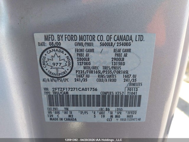 12591392 :رقم المزاد ، 2FTZF17271CA01756 vin ، 2001 Ford F-150 Xl/xlt مزاد بيع