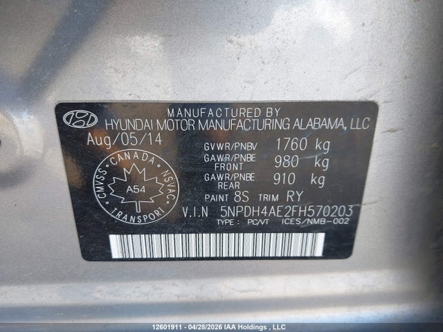 12601911 :رقم المزاد ، 5NPDH4AE2FH570203 vin ، 2015 Hyundai Elantra Se/sport/limited مزاد بيع