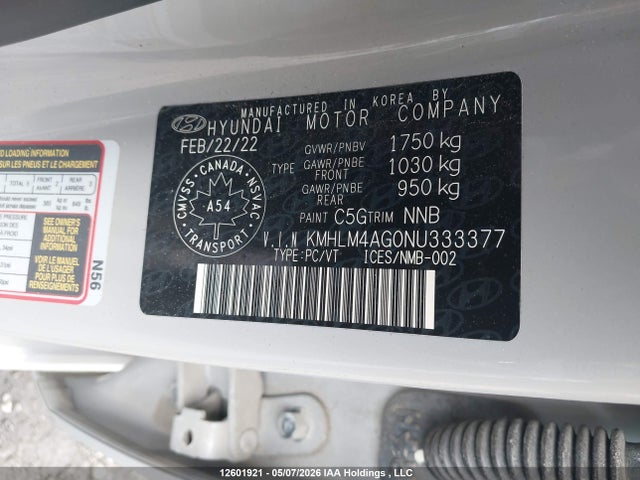 12601921 :رقم المزاد ، KMHLM4AG0NU333377 vin ، 2022 Hyundai Elantra Preferred Ivt With Sun And Tech Package مزاد بيع