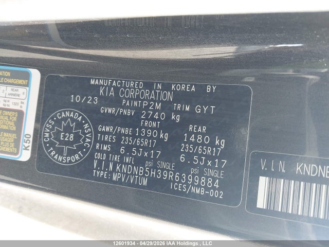 2024 Kia Carnival Lx მანქანა იყიდება აუქციონზე, vin: KNDNB5H39R6399884, აუქციონის ნომერი: 12601934