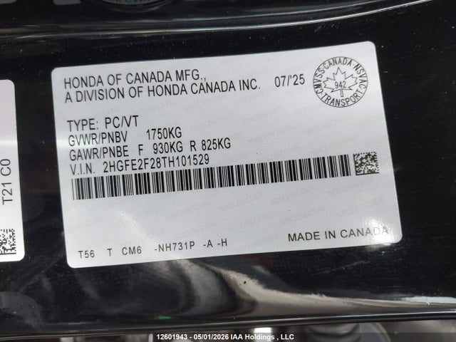 2026 Honda Civic Lx მანქანა იყიდება აუქციონზე, vin: 2HGFE2F28TH101529, აუქციონის ნომერი: 12601943