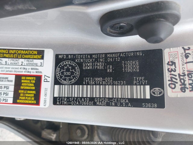 12601945 :رقم المزاد ، 4T1BK1FK8CU516231 vin ، 2012 Toyota Camry مزاد بيع