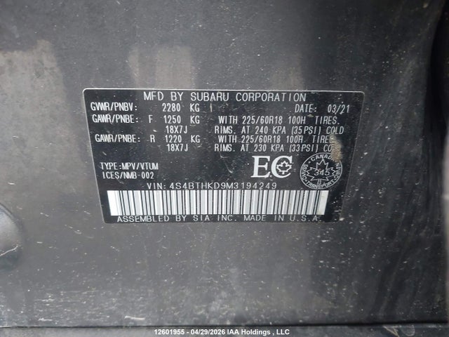 12601955 :رقم المزاد ، 4S4BTHKD9M3194249 vin ، 2021 Subaru Legacy Outback مزاد بيع
