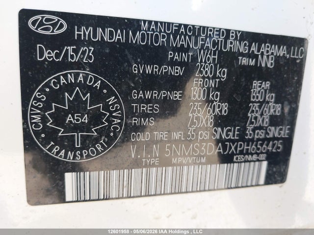2023 Hyundai Santa Fe Preferred Awd მანქანა იყიდება აუქციონზე, vin: 5NMS3DAJXPH656425, აუქციონის ნომერი: 12601958