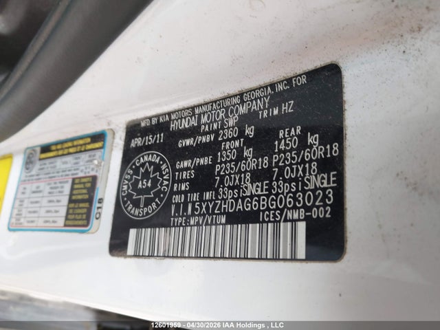 Продаж на аукціоні авто 2011 Hyundai Santa Fe, vin: 5XYZHDAG6BG063023, номер лоту: 12601959