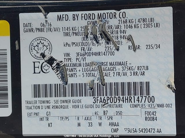 2017 Ford Fusion Titanium მანქანა იყიდება აუქციონზე, vin: 3FA6P0D94HR147700, აუქციონის ნომერი: 12601964