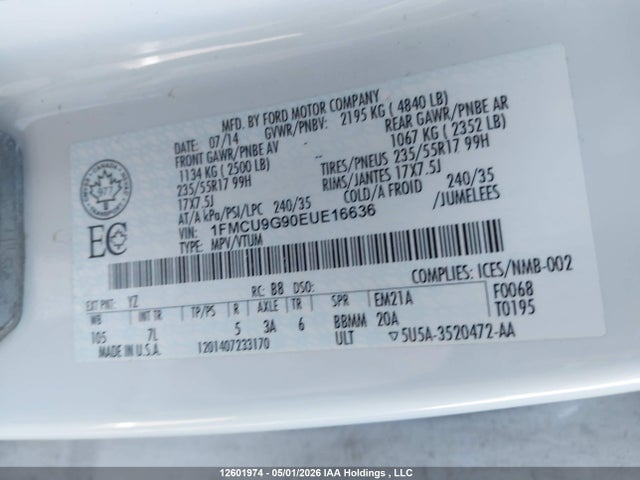 2014 Ford Escape Se მანქანა იყიდება აუქციონზე, vin: 1FMCU9G90EUE16636, აუქციონის ნომერი: 12601974