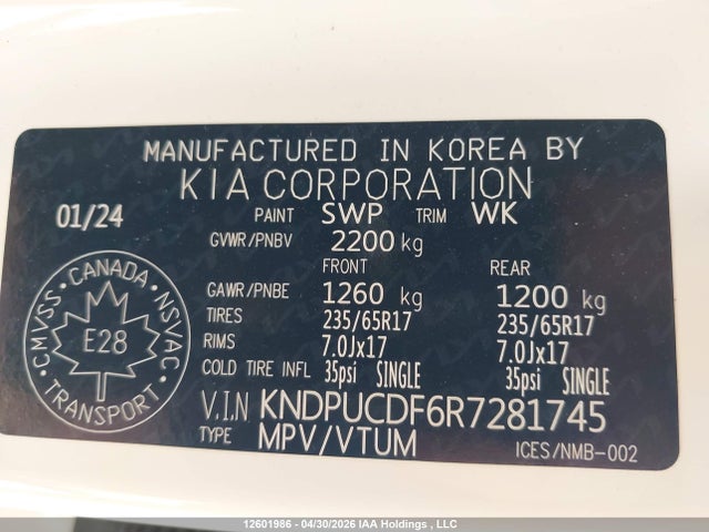 Aukcja sprzedaży 2024 Kia Sportage, vin: KNDPUCDF6R7281745, numer aukcji: 12601986