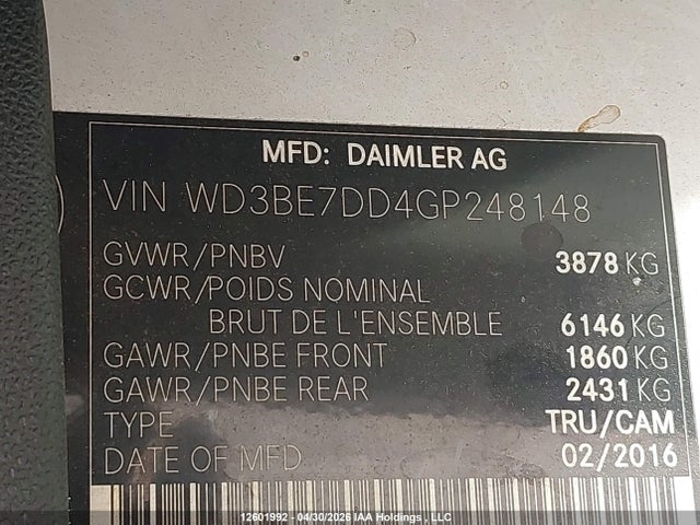 Aukcja sprzedaży 2016 Mercedes-benz Sprinter 2500, vin: WD3BE7DD4GP248148, numer aukcji: 12601992