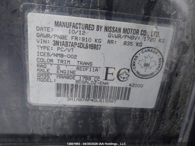 Aukcja sprzedaży 2013 Nissan Sentra S/sv/sr/sl, vin: 3N1AB7AP4DL615987, numer aukcji: 12601993