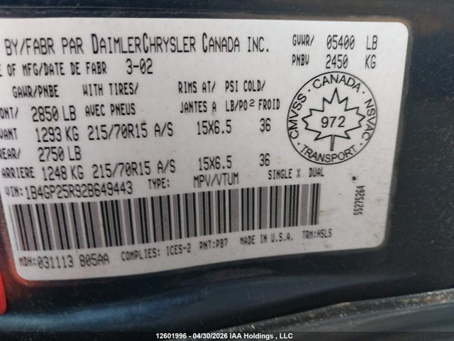Aukcja sprzedaży 2002 Dodge Caravan, vin: 1B4GP25R92B649443, numer aukcji: 12601996