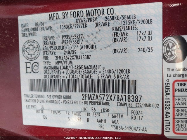 Aukcja sprzedaży 2007 Ford Freestar Sport, vin: 2FMZA572X7BA18387, numer aukcji: 12601997
