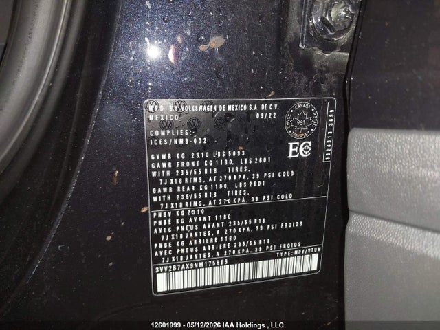 Продажа на аукционе авто 2022 Volkswagen Tiguan Se, vin: 3VV2B7AX9NM175666, номер лота: 12601999