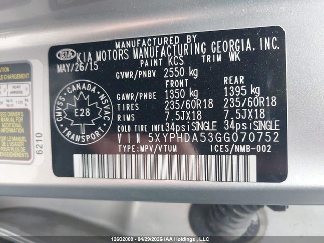 Продаж на аукціоні авто 2016 Kia Sorento 3.3l Ex/3.3l Ex+, vin: 5XYPHDA53GG070752, номер лоту: 12602009