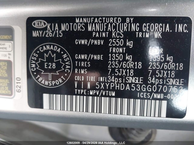 Продаж на аукціоні авто 2016 Kia Sorento 3.3l Ex/3.3l Ex+, vin: 5XYPHDA53GG070752, номер лоту: 12602009