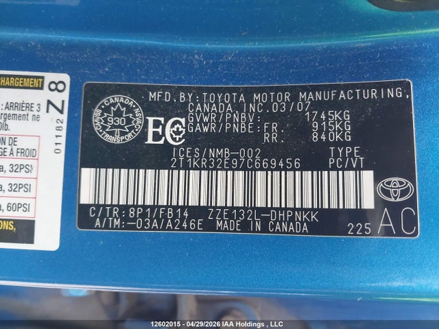 12602015 :رقم المزاد ، 2T1KR32E97C669456 vin ، 2007 Toyota Corolla Matrix Xr مزاد بيع