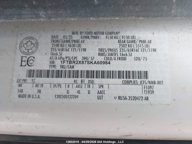 Aukcja sprzedaży 2025 Ford Transit T-250, vin: 1FTBR2X87SKA60984, numer aukcji: 12602018