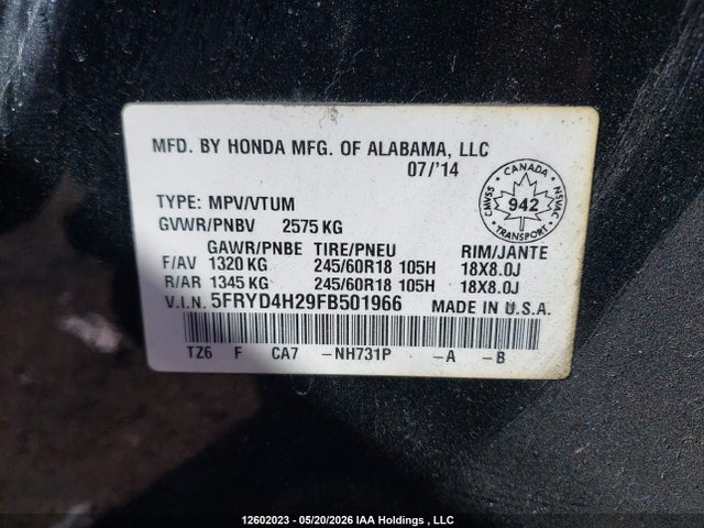 Продаж на аукціоні авто 2015 Acura Mdx, vin: 5FRYD4H29FB501966, номер лоту: 12602023
