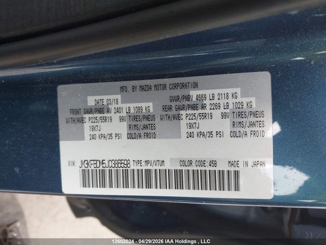 12602024 :رقم المزاد ، JM3KFBDM5J0386598 vin ، 2018 Mazda Cx-5 Grand Touring مزاد بيع