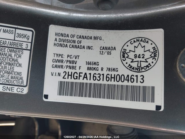Aukcja sprzedaży 2006 Honda Civic Dx Vp, vin: 2HGFA16316H004613, numer aukcji: 12602027