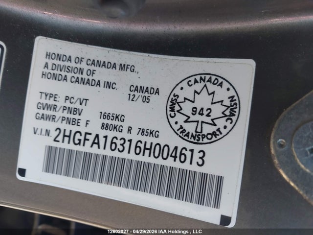 Aukcja sprzedaży 2006 Honda Civic Dx Vp, vin: 2HGFA16316H004613, numer aukcji: 12602027