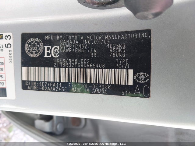12602030 :رقم المزاد ، 2T1BR32E68C869406 vin ، 2008 Toyota Corolla Ce/le/s مزاد بيع