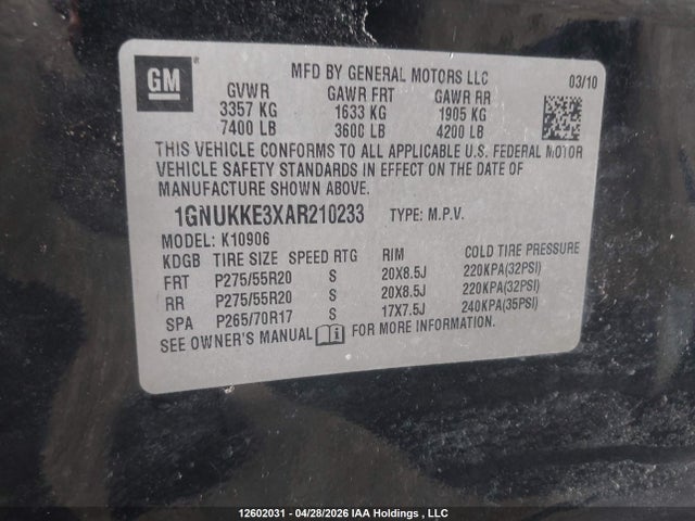 Aukcja sprzedaży 2010 Chevrolet Suburban, vin: 1GNUKKE3XAR210233, numer aukcji: 12602031