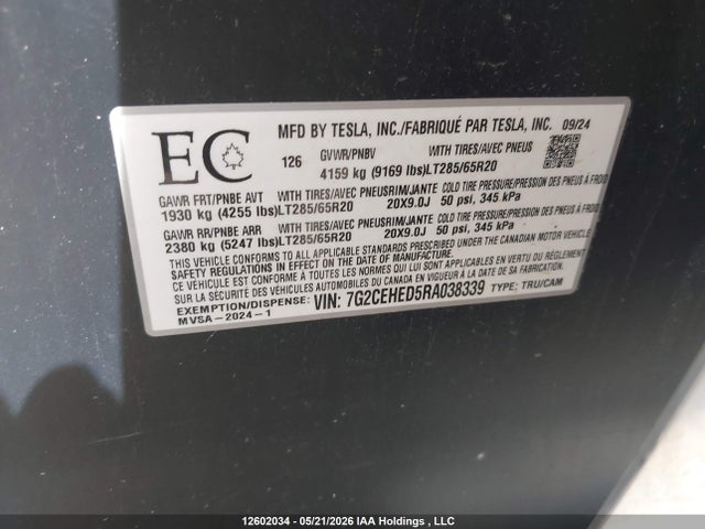 12602034 :رقم المزاد ، 7G2CEHED5RA038339 vin ، 2024 Tesla Cybertruck Awd مزاد بيع