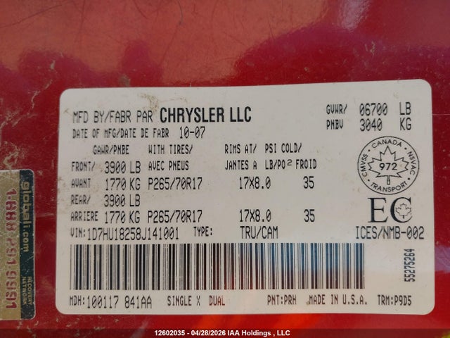 Продаж на аукціоні авто 2008 Dodge Ram 1500 St/sxt, vin: 1D7HU18258J141001, номер лоту: 12602035