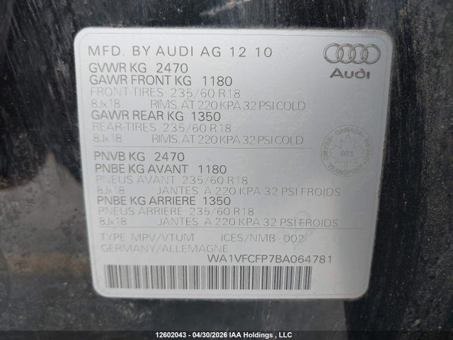 Продажа на аукционе авто 2011 Audi Q5, vin: WA1VFCFP7BA064781, номер лота: 12602043
