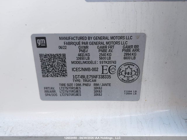 Aukcja sprzedaży 2022 Gmc Sierra K2500 Heavy Duty, vin: 1GT49LE75NF338335, numer aukcji: 12602050