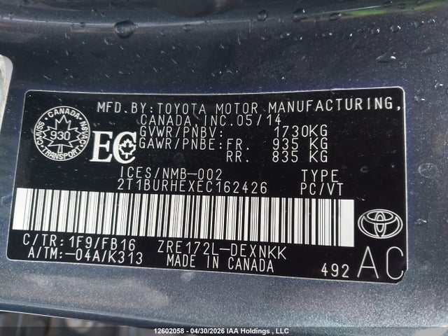2T1BURHEXEC162426 Toyota Corolla