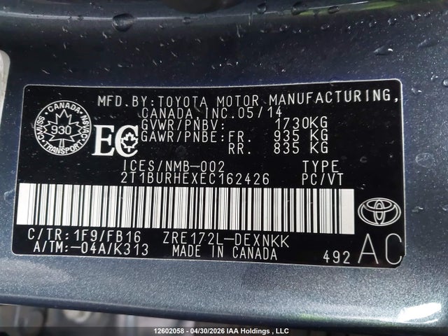 Toyota Corolla 2014 2T1BURHEXEC162426 Image 9