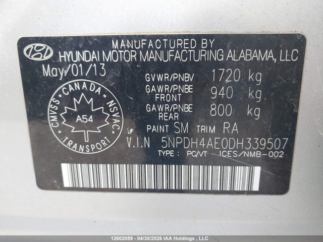 12602059 :رقم المزاد ، 5NPDH4AE0DH339507 vin ، 2013 Hyundai Elantra Gl مزاد بيع