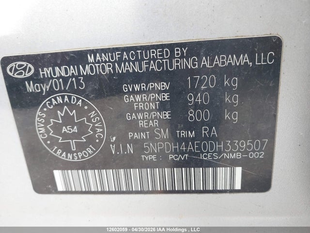 12602059 :رقم المزاد ، 5NPDH4AE0DH339507 vin ، 2013 Hyundai Elantra Gl مزاد بيع
