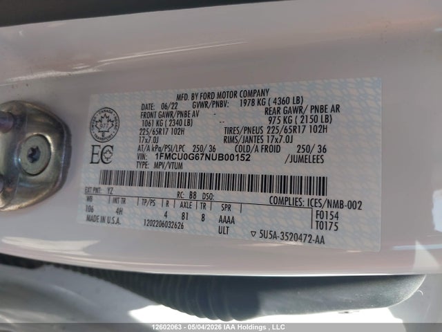 1FMCU0G67NUB00152 Ford ESCAPE SE