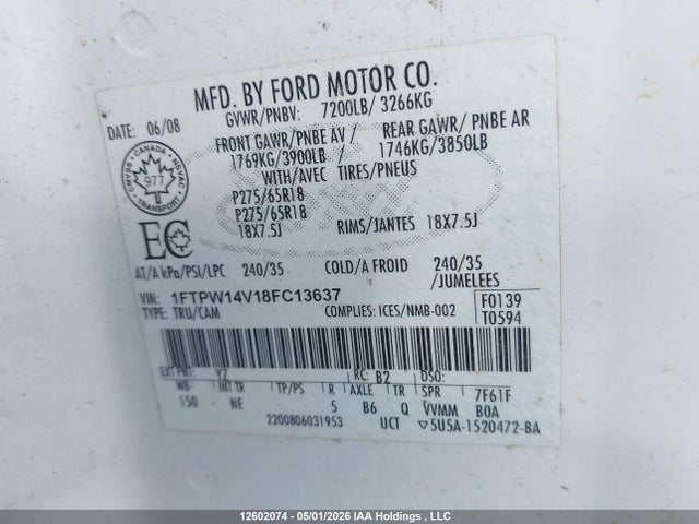 Продажа на аукционе авто 2008 Ford F-150 Fx4/king Ranch/lariat/xlt, vin: 1FTPW14V18FC13637, номер лота: 12602074