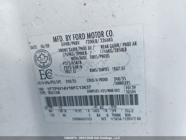 Продажа на аукционе авто 2008 Ford F-150 Fx4/king Ranch/lariat/xlt, vin: 1FTPW14V18FC13637, номер лота: 12602074