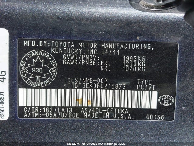 Aukcja sprzedaży 2011 Toyota Camry Se/le/xle, vin: 4T1BF3EK0BU215873, numer aukcji: 12602076