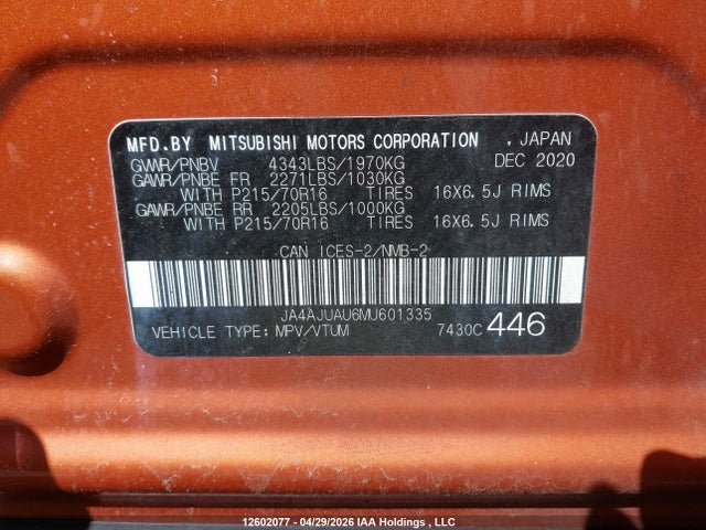 Продажа на аукционе авто 2021 Mitsubishi Rvr Es, vin: JA4AJUAU6MU601335, номер лота: 12602077