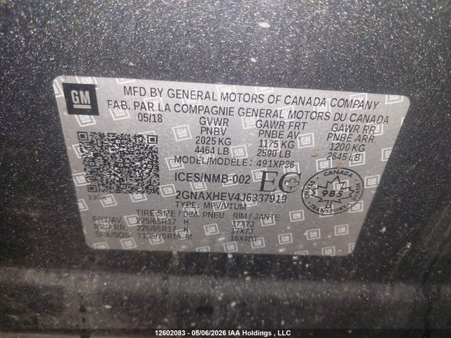 12602083 :رقم المزاد ، 2GNAXHEV4J6337919 vin ، 2018 Chevrolet Equinox مزاد بيع