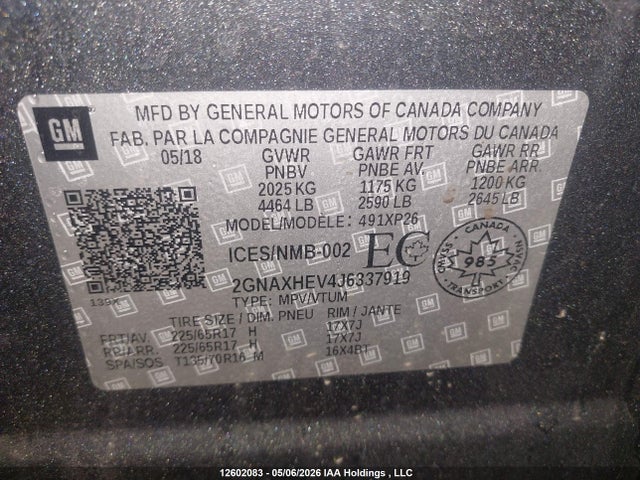 12602083 :رقم المزاد ، 2GNAXHEV4J6337919 vin ، 2018 Chevrolet Equinox مزاد بيع