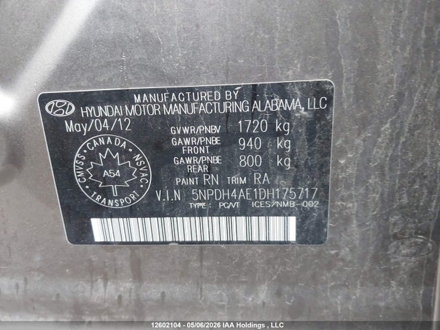 2013 Hyundai Elantra Gls/limited მანქანა იყიდება აუქციონზე, vin: 5NPDH4AE1DH175717, აუქციონის ნომერი: 12602104
