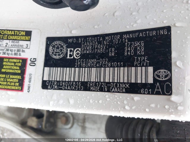 2015 Toyota Corolla L/le/le Pls/prm/s/s Pls მანქანა იყიდება აუქციონზე, vin: 2T1BURHE4FC281011, აუქციონის ნომერი: 12602105