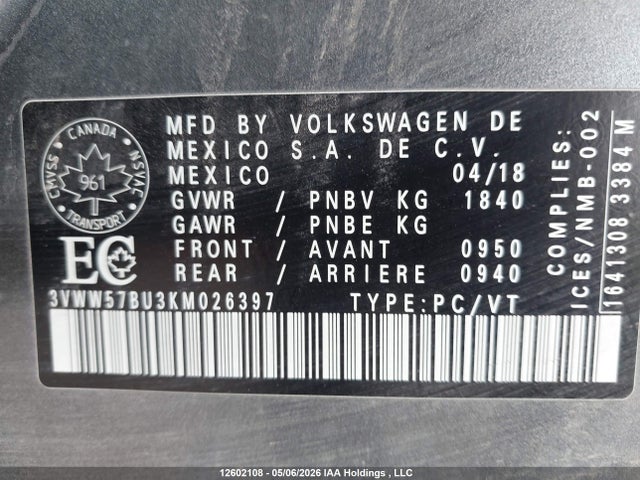 2019 Volkswagen Jetta 1.4 Tsi Highline მანქანა იყიდება აუქციონზე, vin: 3VWW57BU3KM026397, აუქციონის ნომერი: 12602108