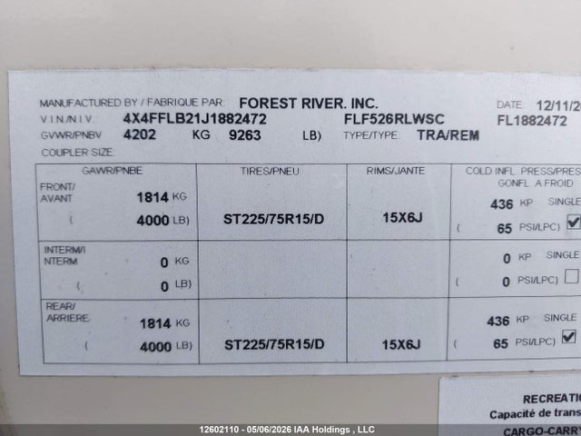 Продаж на аукціоні авто 2018 Forest River Flagstaff, vin: 4X4FFLB21J1882472, номер лоту: 12602110