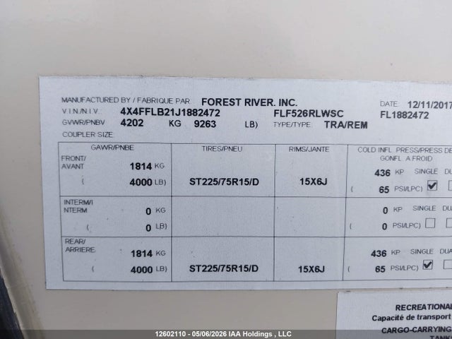 Продаж на аукціоні авто 2018 Forest River Flagstaff, vin: 4X4FFLB21J1882472, номер лоту: 12602110